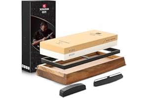 XINZUO Piedra de Afilar de Grano de Doble Cara de 1000/5000, Profesional Afilador Cuchillos 2-en-1, Juego de 4 piezas -con Base Antideslizante y Guía de Ángulo y Piedra de Aplanamiento de Diamante