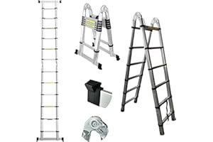 DICN Escalera telescópica de Aluminio 3.8m/1.9+1.9m, 13 Peldaños, Plegable, Extensible, Fácil de Transportar, para Constructores de Bricolaje, Interiores y Exteriores