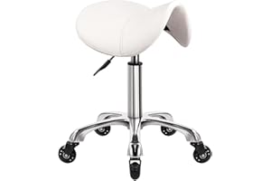 WKWKER Saddle Stool On Wheels Swivel Adjustable Thick Leather Seat Beauty Chair For Kitchen Drafting Lab Office Massage Stool White