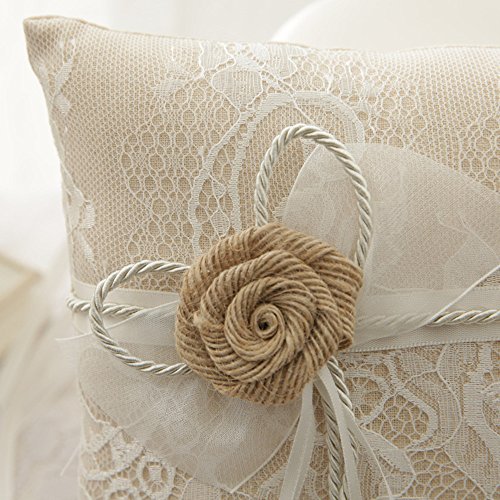 VClife® Ringkissen Hochzeit Vintage Ivory Braun Blumen Spitze Tüll Braut Bräutigam Ringe Dekoartikel Ehering Kissen 21 x 21cm - 4