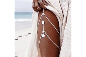 Flovel Chaîne de corps superposée Boho Argent Pièce Pendentif Jambe Chaînes Élastique Rave Cuisse Chaîne Vintage Bikini Corps Bijoux Accessoires pour Femmes et Filles