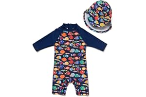 upandfast Maillot 1 pièce bébé Fille avec Fermeture éclair Maillot à Manches Longues et Chapeau Assorti avec Protection Solaire UPF 50+