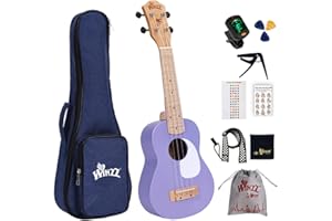 Winzz Ukelele Soprano Infantil, Ukelele Set para Niños y Adulto Principiante, con 9 Accesorios, 21 Pulgadas 4 Cuerdas (Color: Violeta, Madera)
