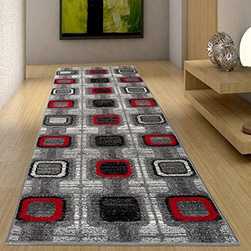 Hall Runner Modern Rug - High Quality Grey Carpet With Squares Pattern 70 x 150 cm (2ft4" x 4ft11")