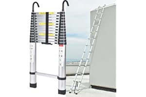 AUTOFU 6.2M Échelle Télescopique avec 2 Crochets Amovibles Portable Échelle Pliant en Aluminium Telescopic Ladder EN131 pour Attic/Grenier 150kg Charge (Couleur d'origine Argent)