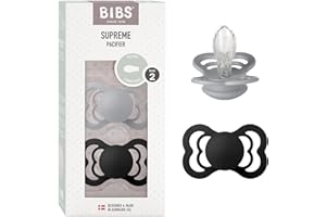 BIBS Supreme Soother 2-Pack, BPA Free Dummy Pacifier, Symmetrical Nipple. Silicone, Size 2 (6-18 Months), Cloud/Black