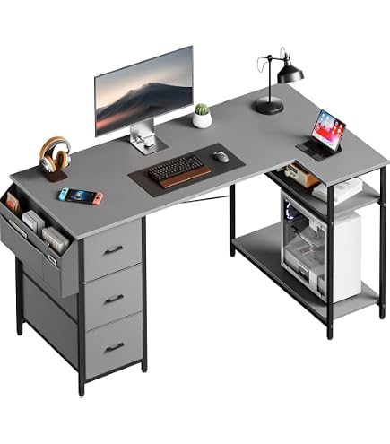 Bureau D'angle Design Avec 4 Tiroirs En Tissu, USB Et LED - Réversible En Forme L