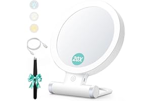 B Beauty Planet Miroir grossissant avec lumière, 20x/1x, Double Face, Miroir de Maquillage Portable, éclairage 3 Couleurs, écran Tactile à intensité Variable
