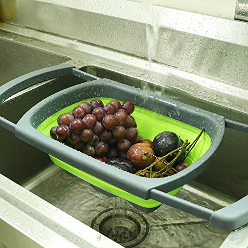 ANPI Zusammenklappbar Seiher, Erweiterbar Silikon Küche Sieb Essen Gemüse Obstkorb Über dem Waschbecken mit Dehnbare Griffe, Erweitert auf 61cm, Grün & Grau - 6