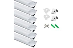 LightingWill LED-profil 6 × 1 m, V-form aluminiumprofil i silver med mjölkvitt skydd, ändskydd och monteringsklämmor för LED