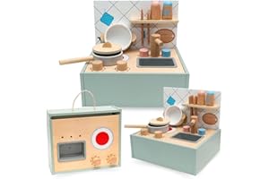 Mamabrum Mini Cocina Juguete Madera con Accesorios - Cocina Juguete Plegable con Fregadero, Placa, Utensilios, Estufa, Cazuela - Juguete Educativo a partir de 3 años