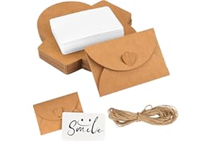 AETHERAURORA 50 Pezzi Mini Buste In Carta Kraft Piccole con Chiusura a Cuore, Vintage Biglietti con Busta, per Biglietti di Ringraziamento, Natale, Matrimonio, Festa di Compleanno(10.3 X 7 Cm)