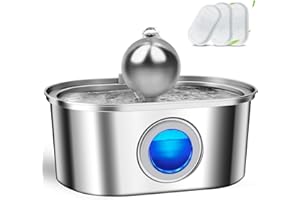 IDOGCHEW Fontaine Eau Chat Acier Inoxydable 3.2L, Fontaine Silencieuse pour Chat avec 3 Filtres à Charbon, Indicateur LED Niveau Eau avec Embout en Forme Boule Incite Chat à Boire