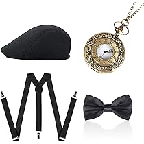 Set Costume Anni '20 Uomo - Cappello Panama, Bretelle, Papillon, Baffi Finti E Orologio Da Taschino - Foto 2