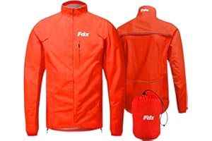 FDX Men’s Cycling Jacket - Waterproof Lightweight Breathable Cycle Rain Jersey - High Visibility Full Sleeves Reflective Tops - Windproof Packaway Pouch Coat for Running, Riding, Mountain Bike Racing