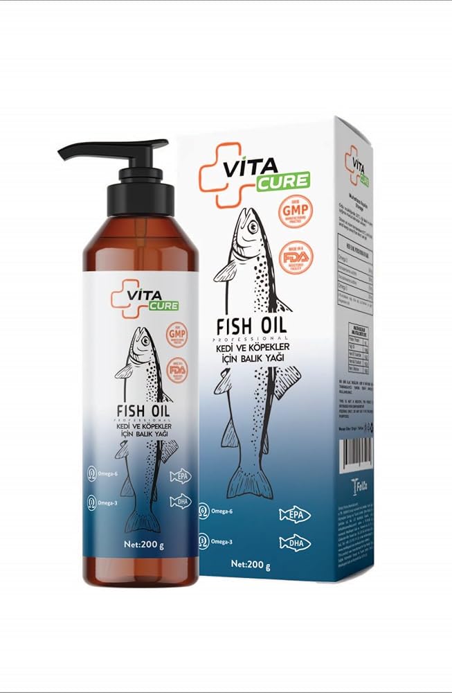 VitaCure Fish Oil 200ml - Kedi ve Köpek - Omega 3 ve 6 İçeren, Deri, Tüy ve Kalp Sağlığına Destek Balık Yağı