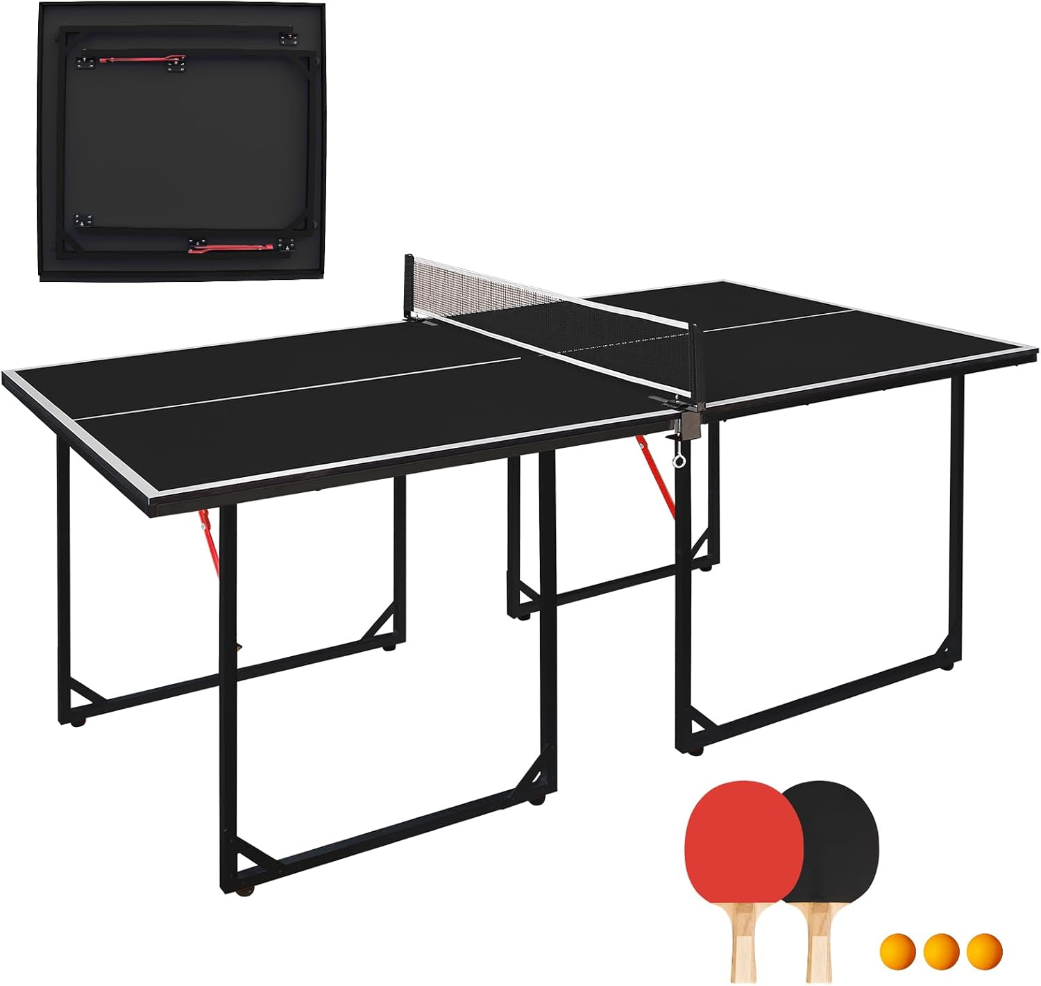 GYMFLEX Mesa de ping pong plegable, 182 cm x 91 cm, mesa de ping pong multifuncional, incluye red, 2 raquetas de ping pong y 3 pelotas