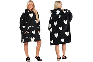 Dreamscene Heart Print Hoodie Blanket Sherpa Lined Fleece Womens Plush Oversized Giant Pull Over Soft Jumper Wearable Throw - Valentine Day Gifts