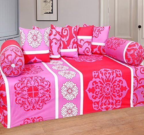 RelaxoLite Diwan Set Decor Exclusive Premium Quality 100% Cotton 104 TC Floral Design Diwan Pink Bedsheet With Cushion &amp; Bolster Combo Set