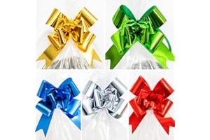 YLAB 5 Extra Large Cellophane Hamper Bags with 5 Pull Bows – Gift Wrapping Set for Easter, Christmas, Birthdays & Special Occasions (102.5 x 70cm) – Clear Cello Bags - Red, Gold, Silver, Blue & Green Bows