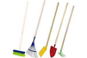 LAND-HAUS-SHOP Kinder Gartengeräte Kindergartengeräte 1 von 8, Kinder Garten Werkzeuge Geräte Schaufel, Besen, Rechen, Laubbesen, Harke, Grubber, Doppelhacke, Spaten, Metall mit Holzstiel (SET 5 tlg.)