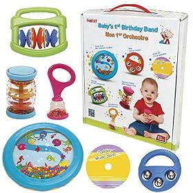 Halilit Baby&rsquo;s First Birthday Band Musical Instrument Gift Set. Includes Ocean Drum, Baby Maraca, Ring My Bell, Rainboshaker & Clip Clap. Music Sensory Baby Toy. Suitable for Boys & Girls 12 months +