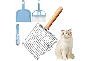 PIWOSGOL Katzenklo Schaufel Metall, 4 Pcs Katzenstreuschaufel Set, Katzenstreu Schaufel mit Holzgriff, Katzenstreu Scooper mit Langem Griff & Besenset, Katzenschaufel Cat Litter Scoop für Katzen Hunde