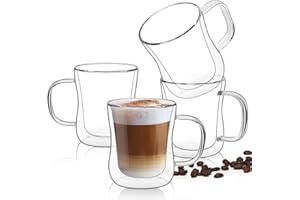 ComSaf 4x 260ml Tazas de Café de Cristal, Vasos Térmicos de Doble Pared Transparente, Juegos de Tazas Resistentes al Calor para Bebidas, Cóctel, Cerveza, Vaca, Agua