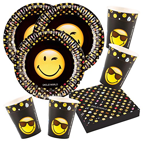 52-teiliges Party-Set Smiley Emoticons - Teller Becher Servietten für 16 Personen