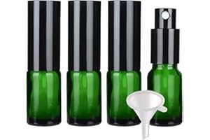 PQPAUTY TIANZD 4 Piezas Botella de Cristal Verde con Bomba en Spray 10ml, Frasco de vidrio con Pulverizador Negro para Aceites Esenciales Perfume Envase Cosmético, Embudo