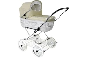 EICHHORN Weidenkorb Kinderwagen, Korb Weiß, Stoff Beige - große Liegefläche, weich gefedert, inklusive Matratze und Regenschutzbezug