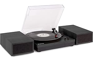 Fenton RP165B Record Player with Speakers – Retro Bluetooth Turntable, 3-Speed Vinyl Player, Stereo Speakers Included, Wireless Audio Streaming, Stylish Black & Grey Finish for Home Audio