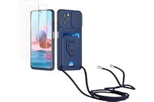 Kaslly Funda con Cuerda para Redmi Note 10 4G/Note 10S+[2 Pack Protector Pantalla],Case con Ranura para Tarjetas,Cubierta de Cámara Deslizante Proteger,Doble Cara Protección-Azul Marino