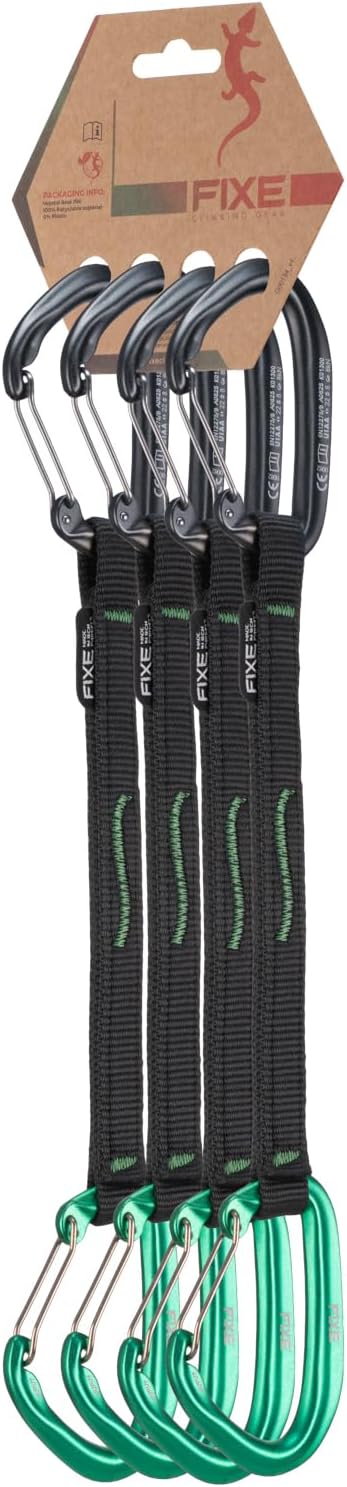 FIXE - Pack 4 Cinta Exprés Puput Wire para Escalada Deportiva y Vías Largas - Ligereza Extrema y Mosquetones Wire - Aluminio 7075 - Poliamida - Color Gris/Verde