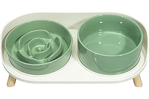 PTOBER Gamelle Surélevée Anti Glouton - Set pour Chien Alimentation Lente avec Support - Bol Anti Eclaboussure en Ceramique pour Nourriture et Eau - Petite et Moyenne Taille