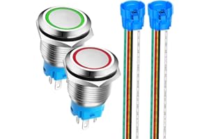 Gebildet 2 pezzi 19mm Pulsante Momentaneo in Acciaio Inossidabile, 12V-24V 5A LED 1NO1NC SPDT ON Off Temporaneo Bottone Impermeabile con Spina a Filo (Rosso + Verde)