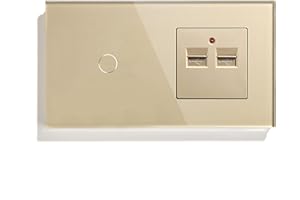 BSEED Interrupteur Tactile Applique Murale Panneau En Verre 1 Gang 1 Voie avec 2 Ports de Charge USB Prises 100-220V Or