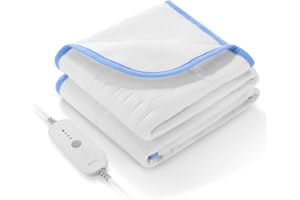 ‎CURECURE Elektrisch beheizte Matratzenunterlage mit 4 Heizstufen, schnellem Aufheizen, 10-Stunden-Abschaltautomatik, maschinenwaschbar, Überhitzungsschutz und 150 x 80 cm (Weißblauer Rand)