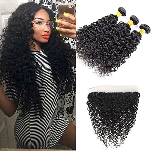 PURUN Meche Bresilienne Lot avec Lace Frontal Remy Vierge Tissage en Lot 3 avec 13x4 Frontale Boucle Grade 8A pas Cher 14 16 18 +12Frontal