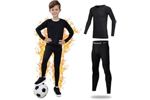 Kelvindra Base Layer Kids - Fleece Lined Skins for Boys Athletic, Warm Football Skins Suit for 4~13 Age, Long Sleeve Top & Bottom Kids Thermal Base Layer Set for Ski Running and Daily Life