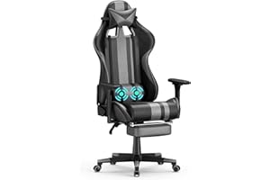 Soontrans Chaise Gaming Massante, Ergonomique Fauteuil Gamer avec Support Lombaire Vibration Massage, Repose-Pieds & Appui-tête, Cuir Rembourré, Siege Gaming Youtube pour Livestreaming Xbox (Gris)