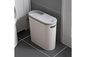 Livhome 10L Slim Bathroom Bin, Narrow Plastic Trash Can with Touch Top Lid & Handle, Slimline Kitchen Bin, Compact Design Waste Bin, Small Space Storage for Bathroom, Bedroom, Office (White/Grey)
