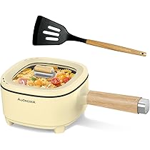 Audecook Elektrische Hot Pot, 2L Cermic Glazuur Non-Stick Koekenpan, Draagbare Reizen Multicooker voor Ramen, Steak, Ei, Gebakken Rijst, Havermout, Soep, 350W/800W (Standaard beige, 2 liter