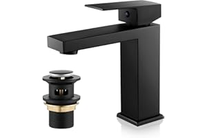 BOOXELY Basin Mixer Tap with Drain, Black Bathroom Sink Taps with Waste, Monobloc Single Handle Washroom Faucet Modern Washbasin Tap Mixer with Pop Up Waste