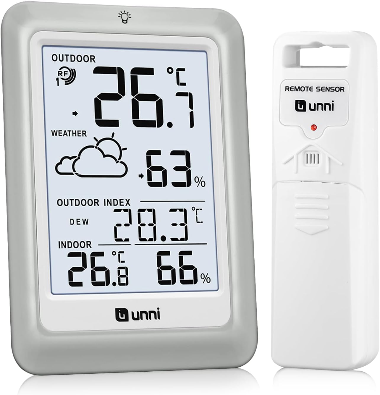 Termómetro inalámbrico para interiores y exteriores funciona con baterías, Sensor remoto de 100 m de alcance y pantalla con retroiluminación