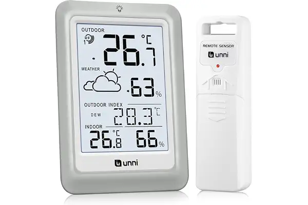 Termómetro inalámbrico para interiores y exteriores con 1 Sensor, funciona con baterías, Sensor remoto de 100 m de alcance y pantalla con retroiluminación (Blanco Gris)