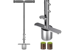 BeneLabel Zwiebelpflanzer, 80cm Blumenzwiebel Pflanzwerkzeug Langstiel Garten Rasen Werkzeug Tiefe 8cm Rasenstopfer Scharfe Verzahnung mit Auslöseautomatik für Zwiebeln Blume Einpflanzen, Silber