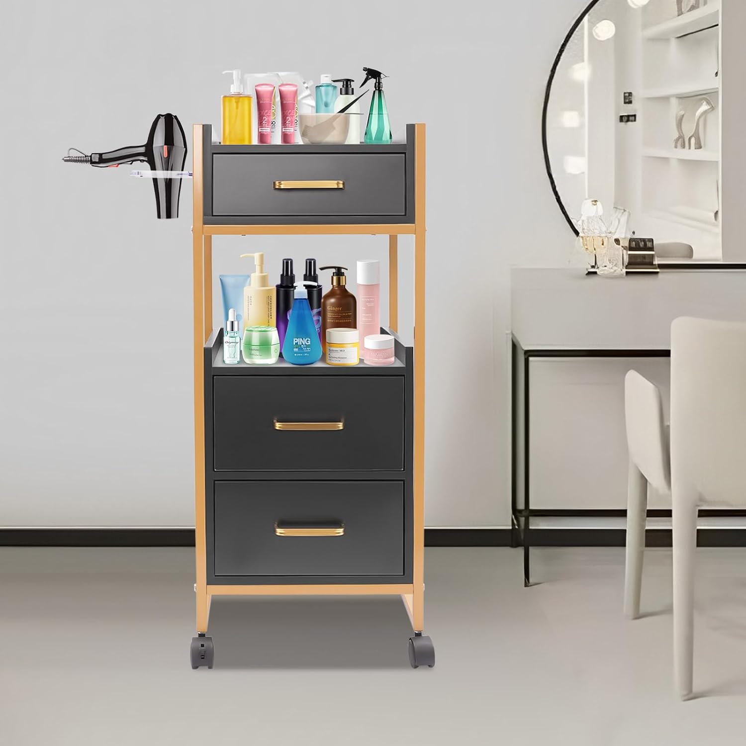 Carrito de salón con ruedas, soporte para secador de pelo, 3 cajones y 2 estantes abiertos, carrito de peluquería portátil para cosméticos, spa o tatuaje, 36 x 32 x 87 cm (negro)