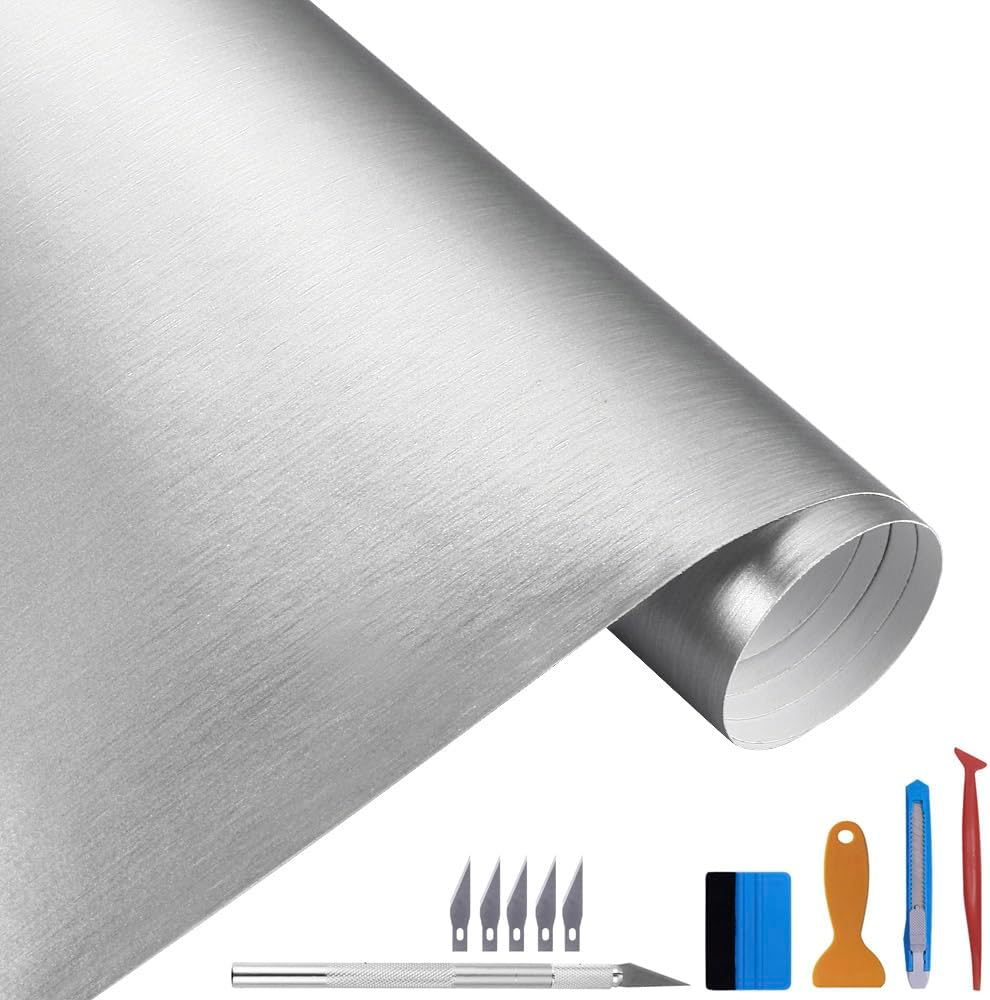 NewL Lámina de Vinilo para Coche, 30 cm x 300 cm, Acero Inoxidable Cepillado, Color Plateado Mate Cromado