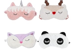HEMIKS 4 Piezas Antifaz para Dormir Animales, Mascara para Dormir Transpirable Bloquea las Luces de Peluche, Sleep Mask Animal Portátil para Hombres Mujeres Viajes Oficina